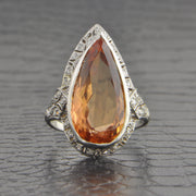 Antique Art Deco 9.97 ct. Pear Cut Imperial Topaz Ring in Platinum