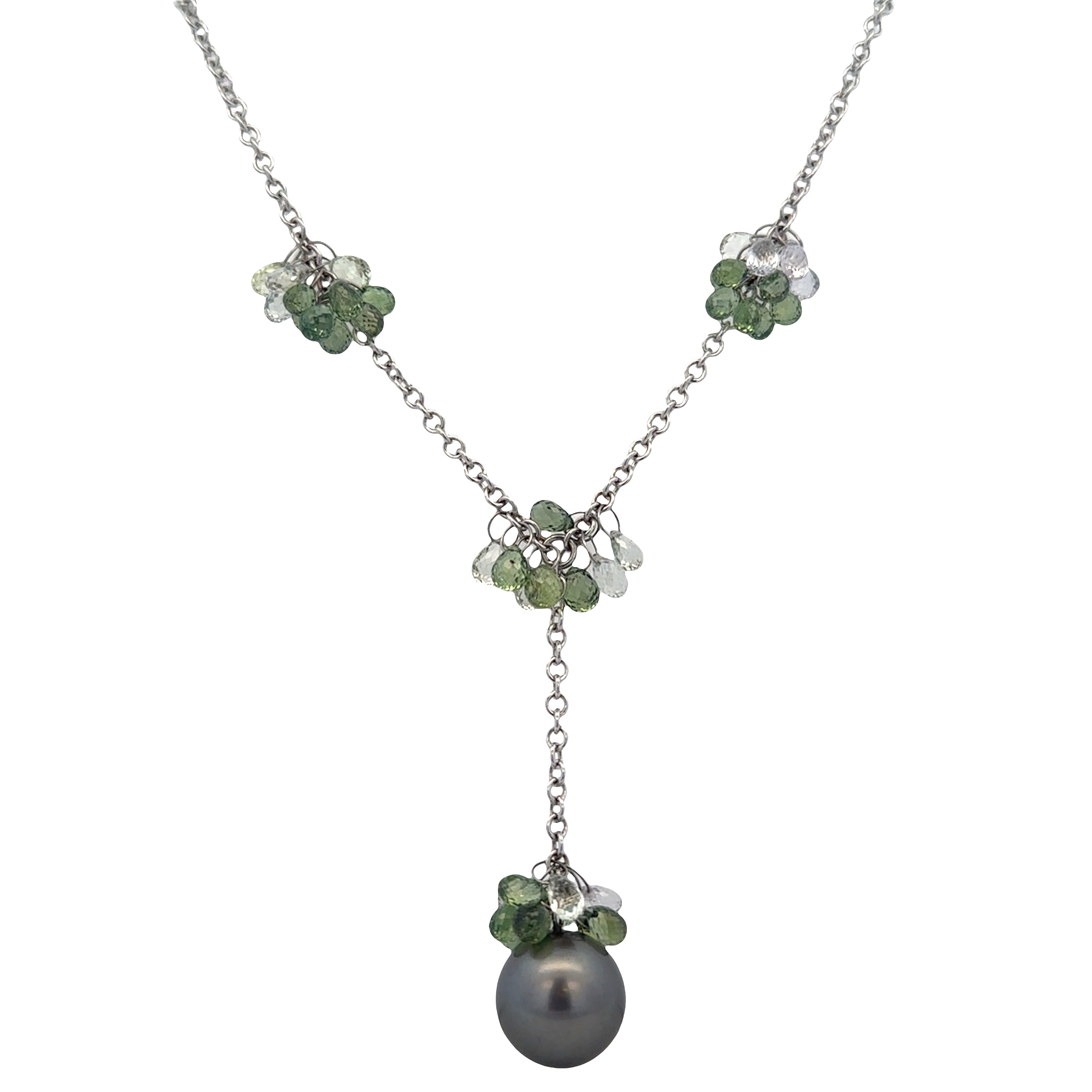18k White Gold Tahitian Pearl & Briolette Sapphire Necklace – 16"