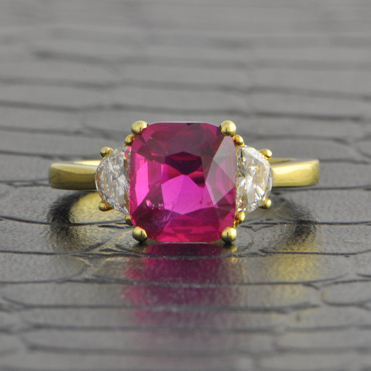 Statement Ruby and Half Moon Cut Diamond Ring in 18k Yellow Gold