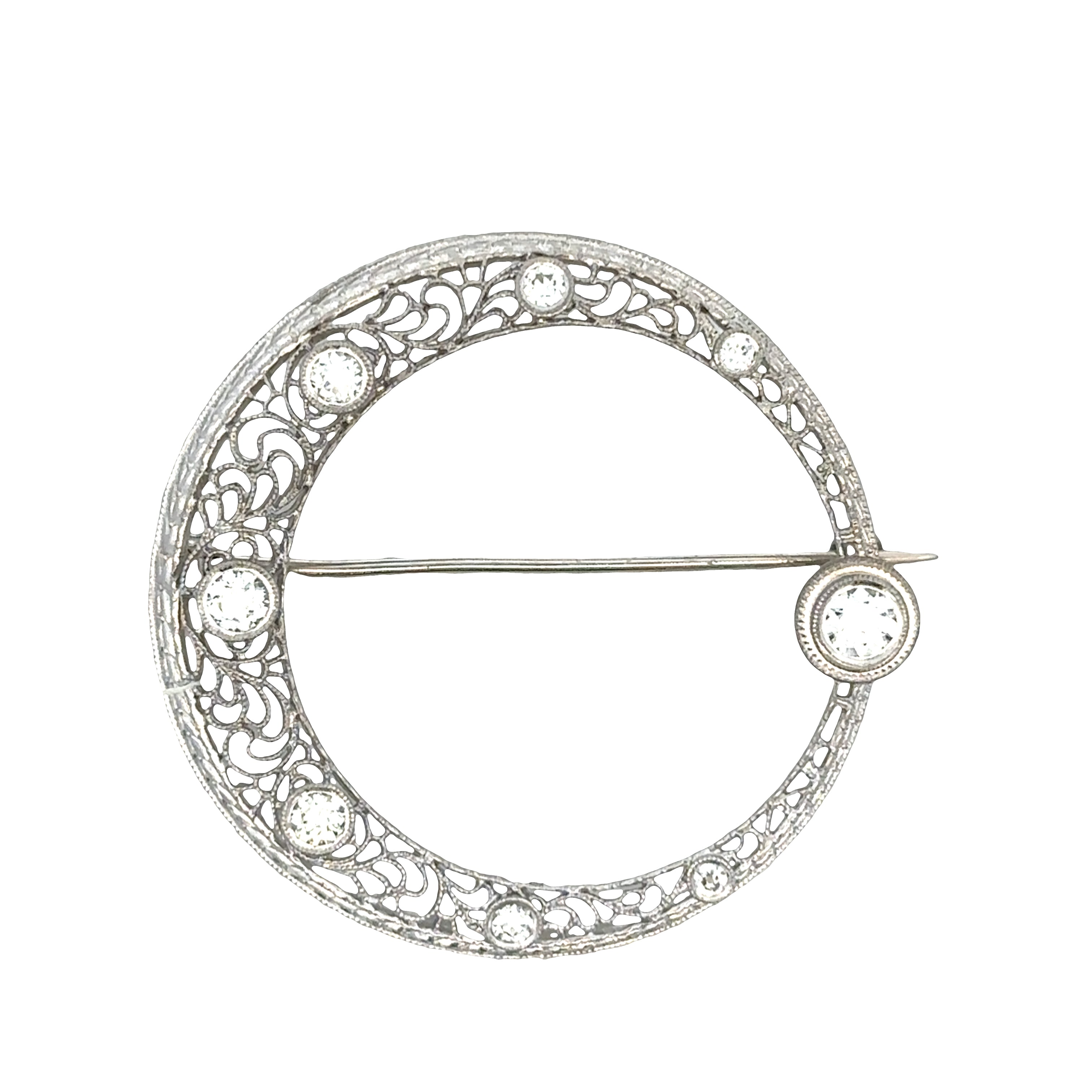 Antique Edwardian / Art Deco Platinum & 14k White Gold Diamond Crescent Brooch – Circa 1910s–1920s
