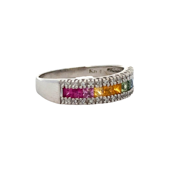 Multicolored Sapphire and Diamond Band in White Gold Size 11.25