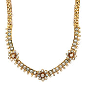 Antique Edwardian Pearl and Old Mine & Rose Cut Diamond Floral Necklace in Yellow Gold