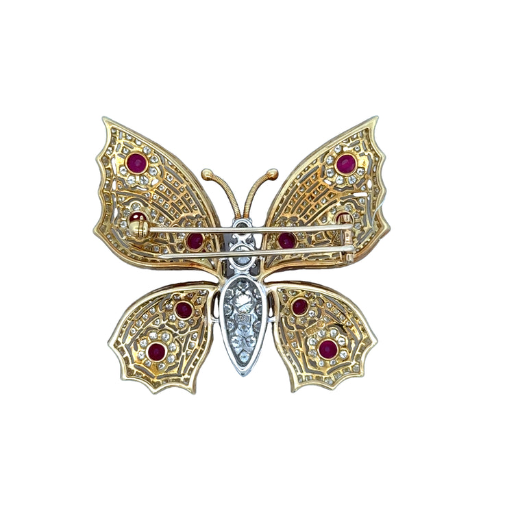 Ruby and Diamond Butterfly Brooch in 18k Yellow Gold and Platinum