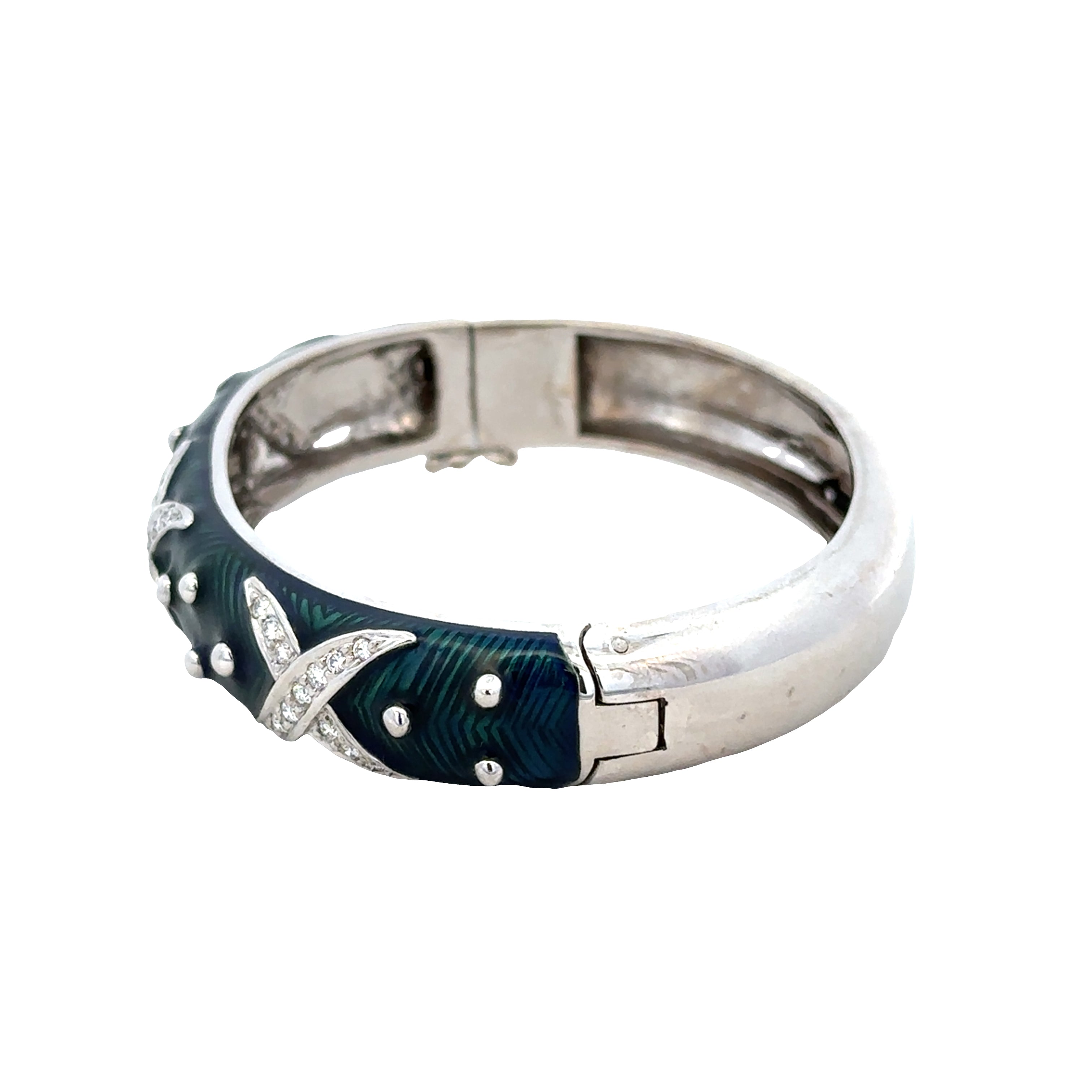 Estate Hidalgo 18k White Gold Enamel & Diamond “X” Design Bangle Bracelet – 6" to 6.5" Wrist