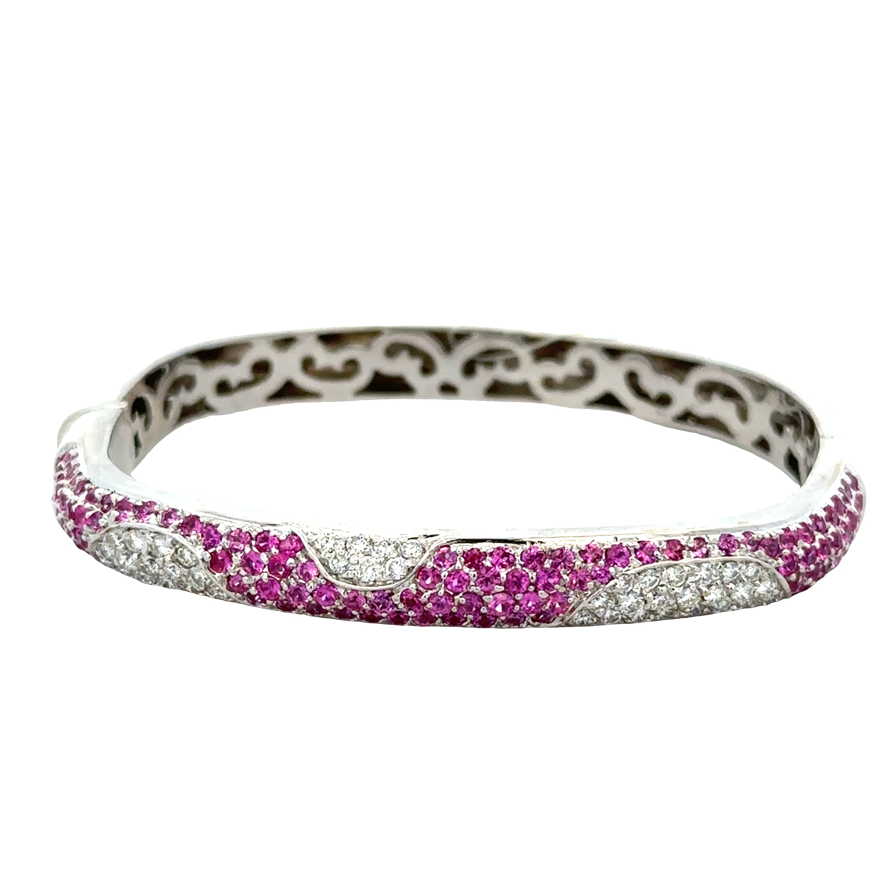 Estate 18k White Gold Pink Sapphire & Diamond Swirl Bangle – Fits 6"–6.75" Wrist