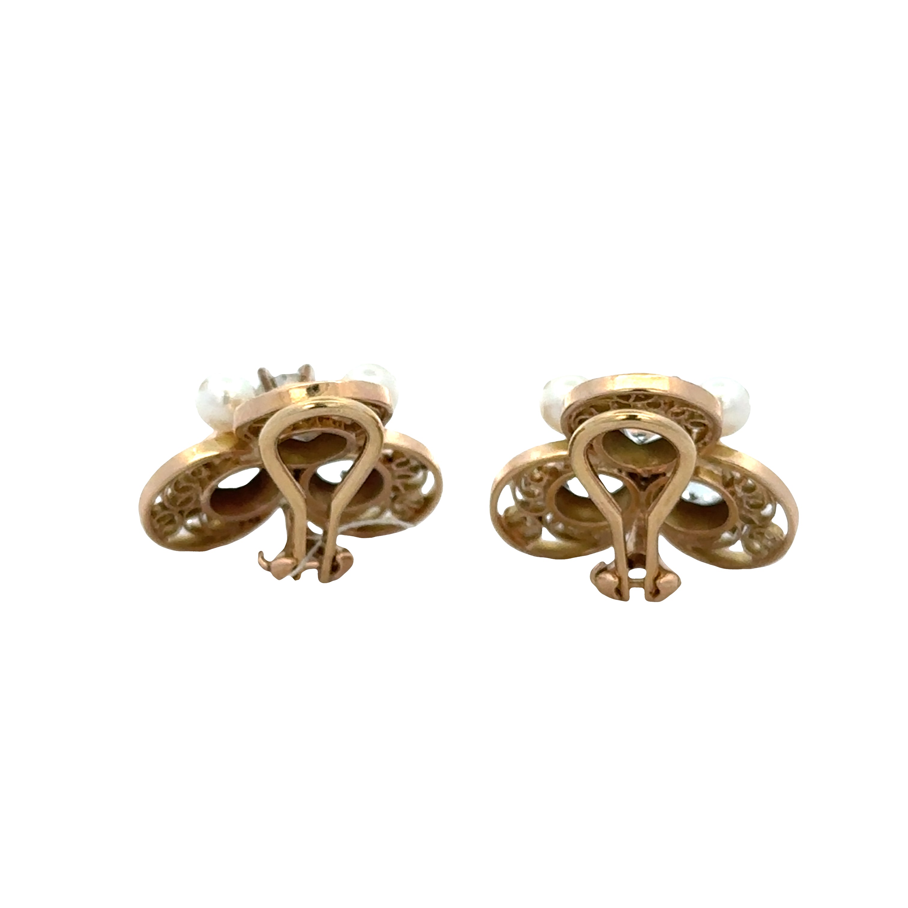 Vintage Mid-Century 14k Yellow Gold Aquamarine, Pearl & Diamond Clip-On Earrings