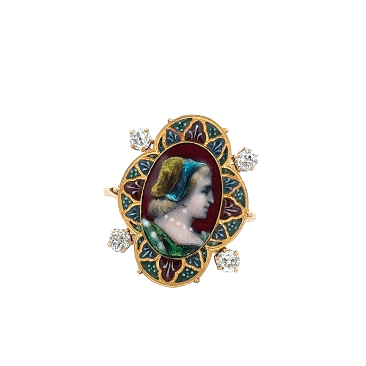 Antique Victorian Enameled Cameo Diamond Ring in Yellow Gold