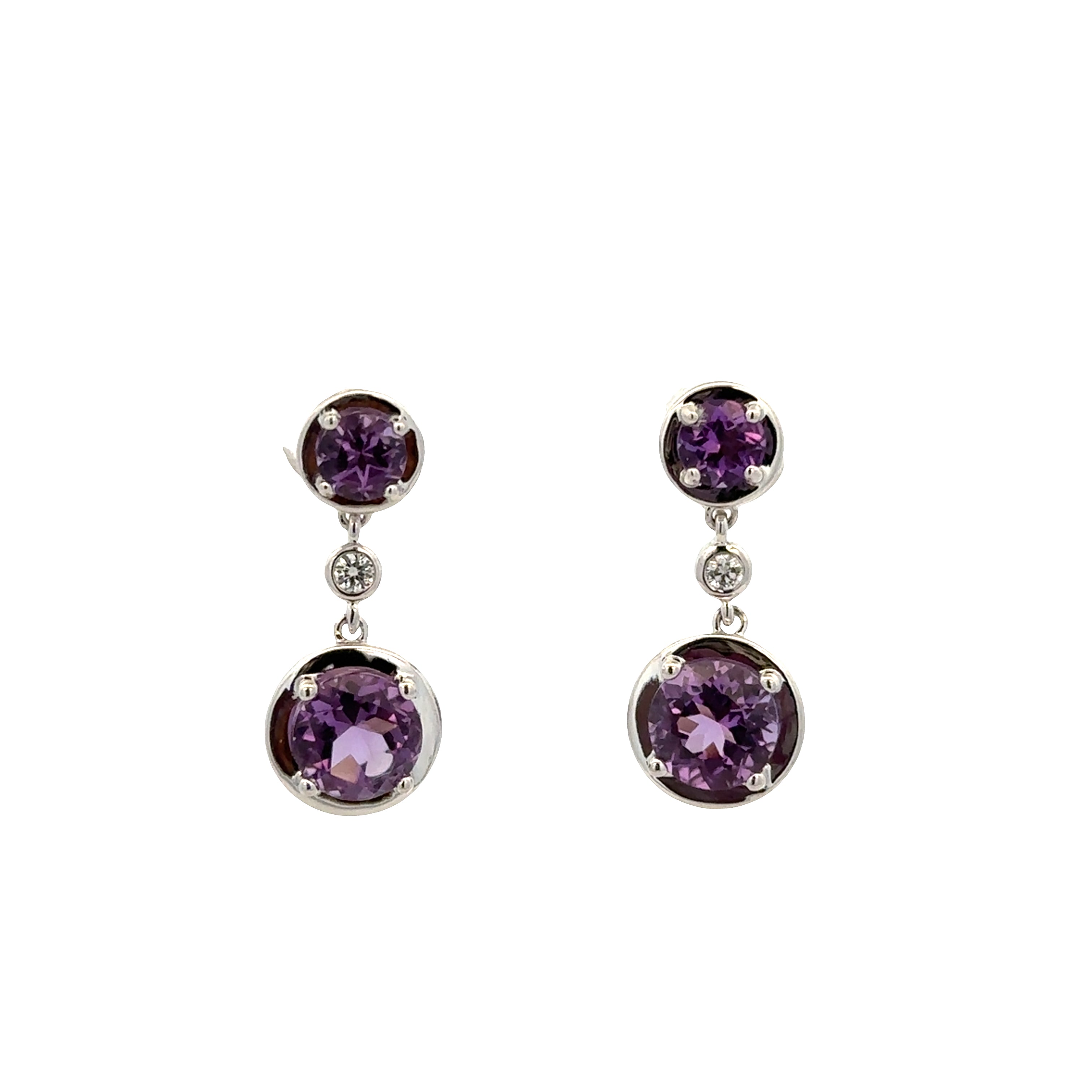 14k White Gold Amethyst & Diamond Dangle Earrings – 3/4" Tall