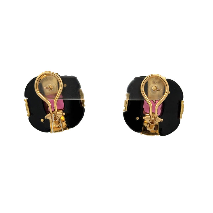 Statement Onyx and Pink Tourmaline Earrings in 18k Yellow Gold