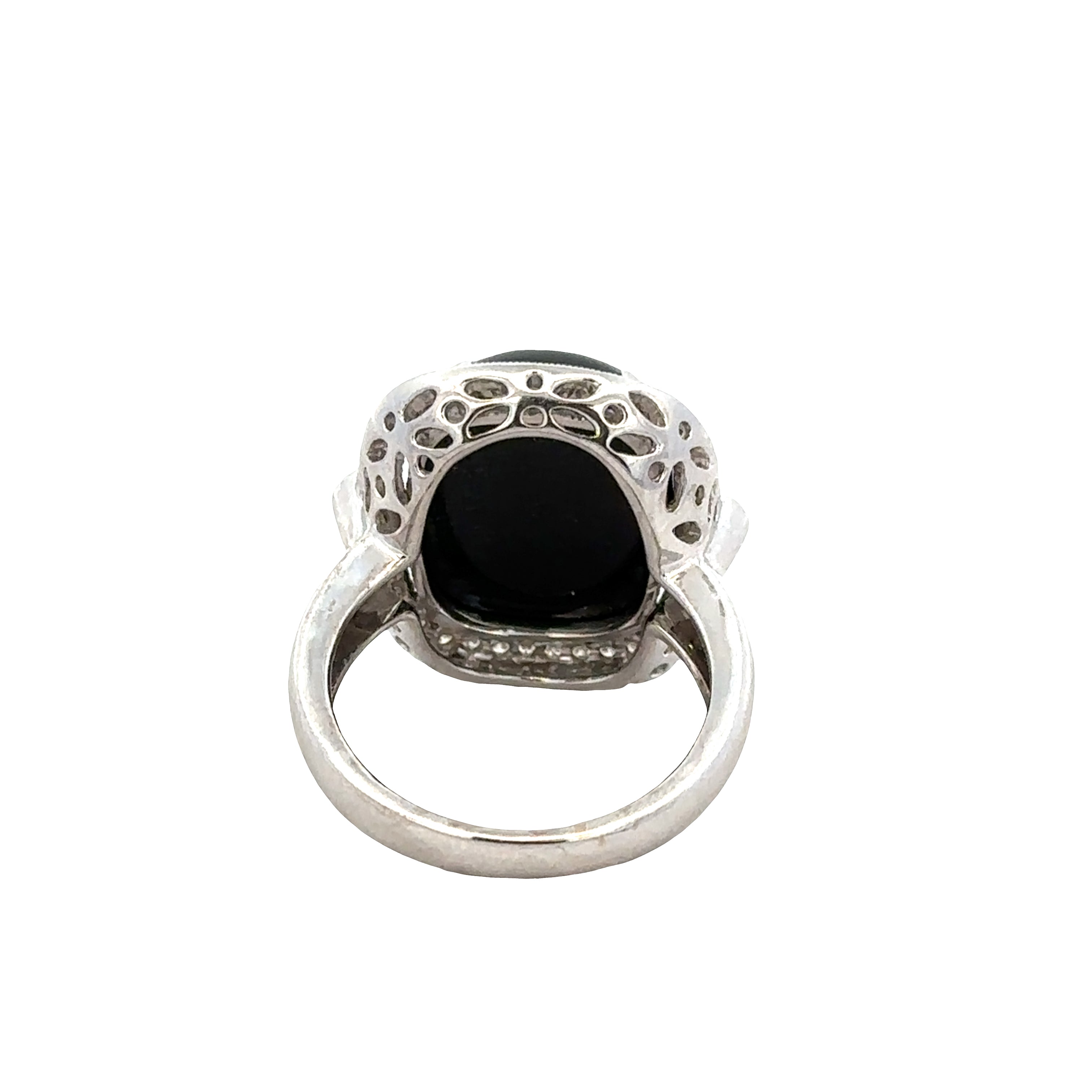 Statement 18k White Gold Black Onyx & Diamond Halo Ring – Size 6.75