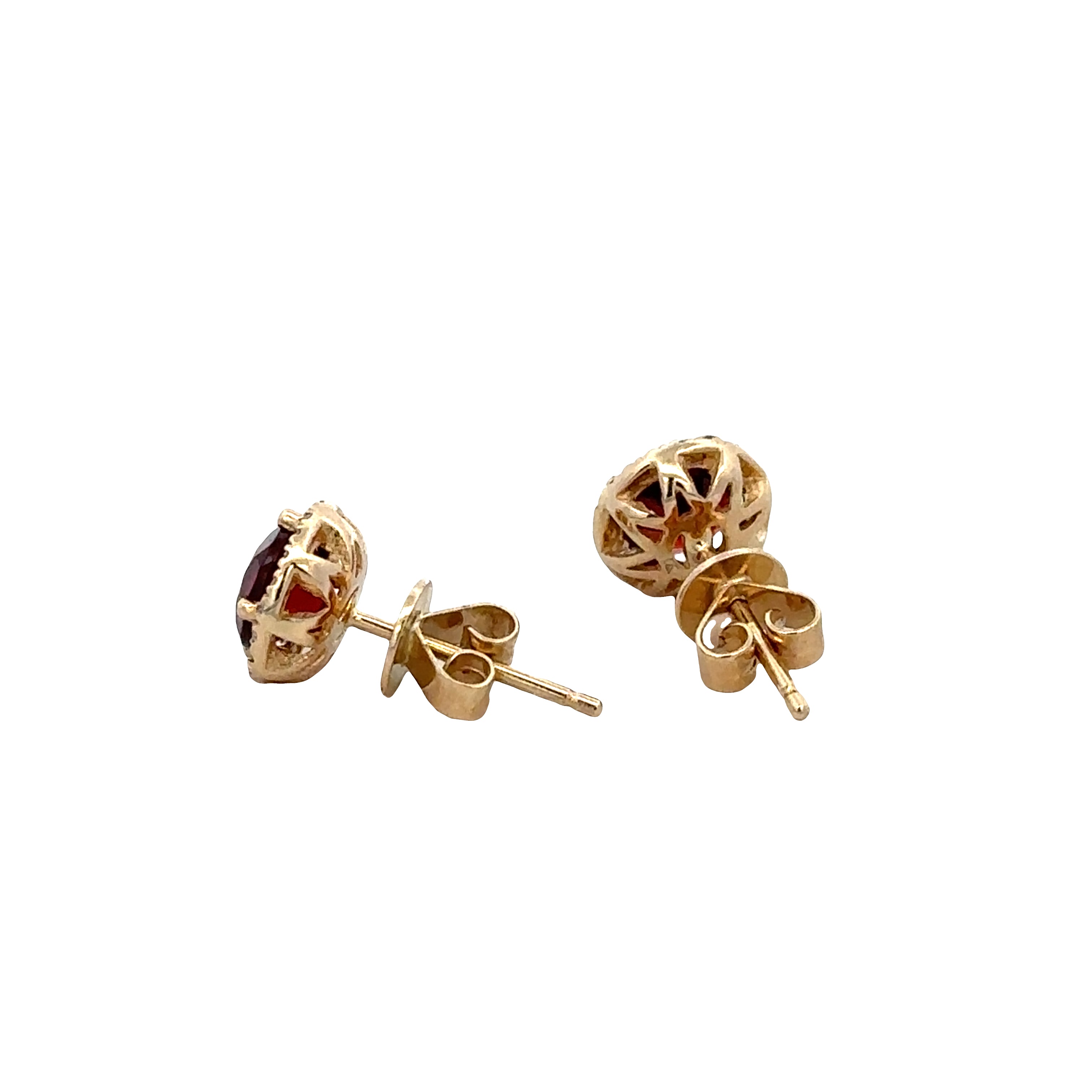 14k Yellow Gold Garnet & Diamond Halo Stud Earrings