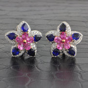 Blue and Pink Sapphire Floral Earrings in White Gold
