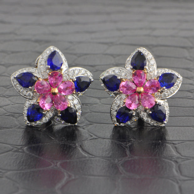 Blue and Pink Sapphire Floral Earrings in White Gold