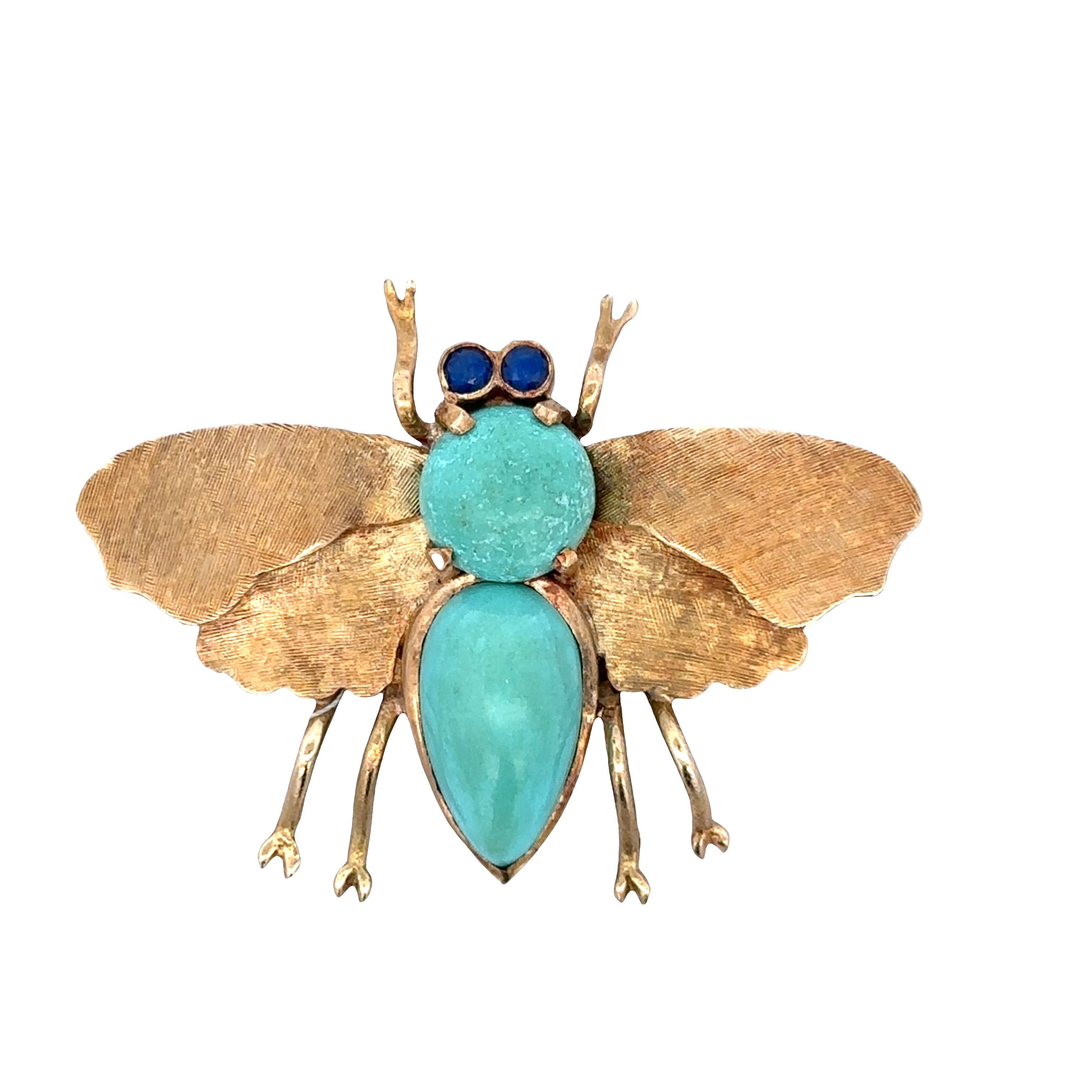 Vintage 18k Yellow Gold Turquoise & Sapphire Fly Brooch – Circa 1960s