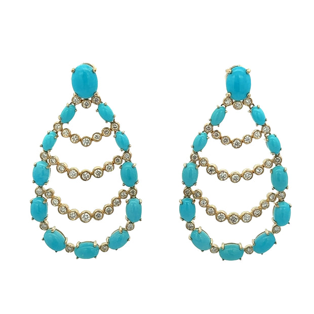 Turquoise and Diamond Tear Drop Shaped Earrings in Yellow Gold