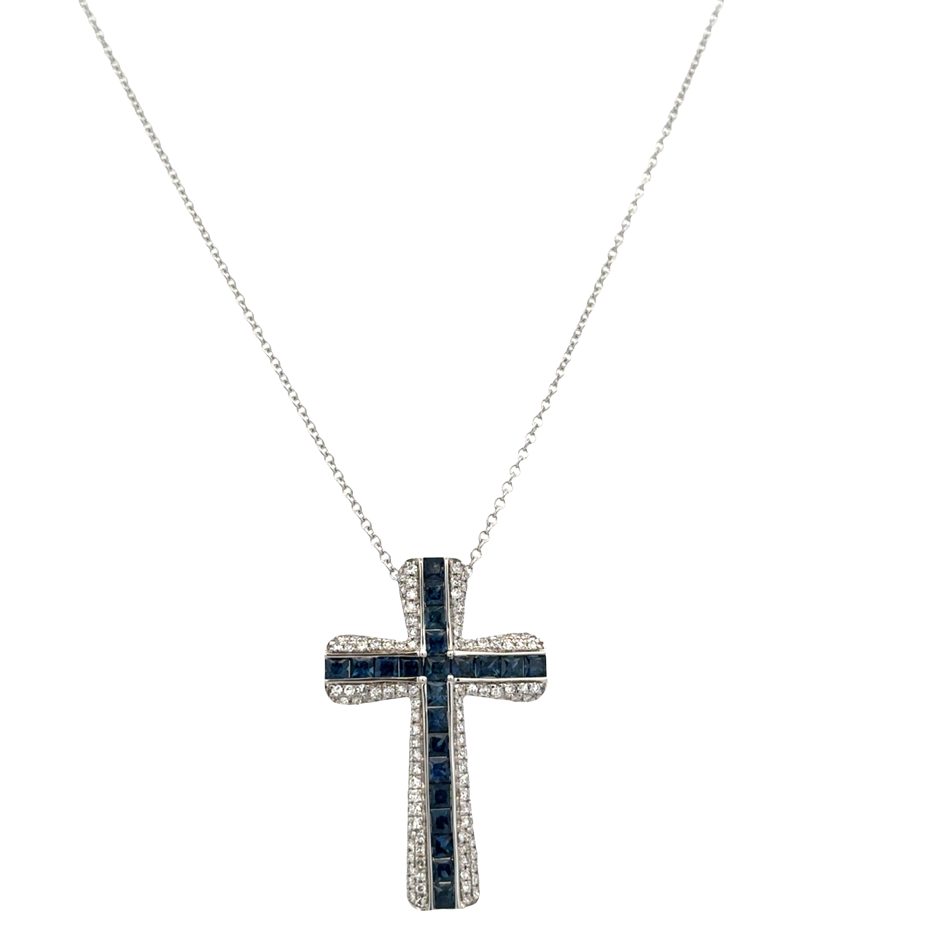 14k White Gold Sapphire & Diamond Cross Pendant Necklace – Adjustable 18"