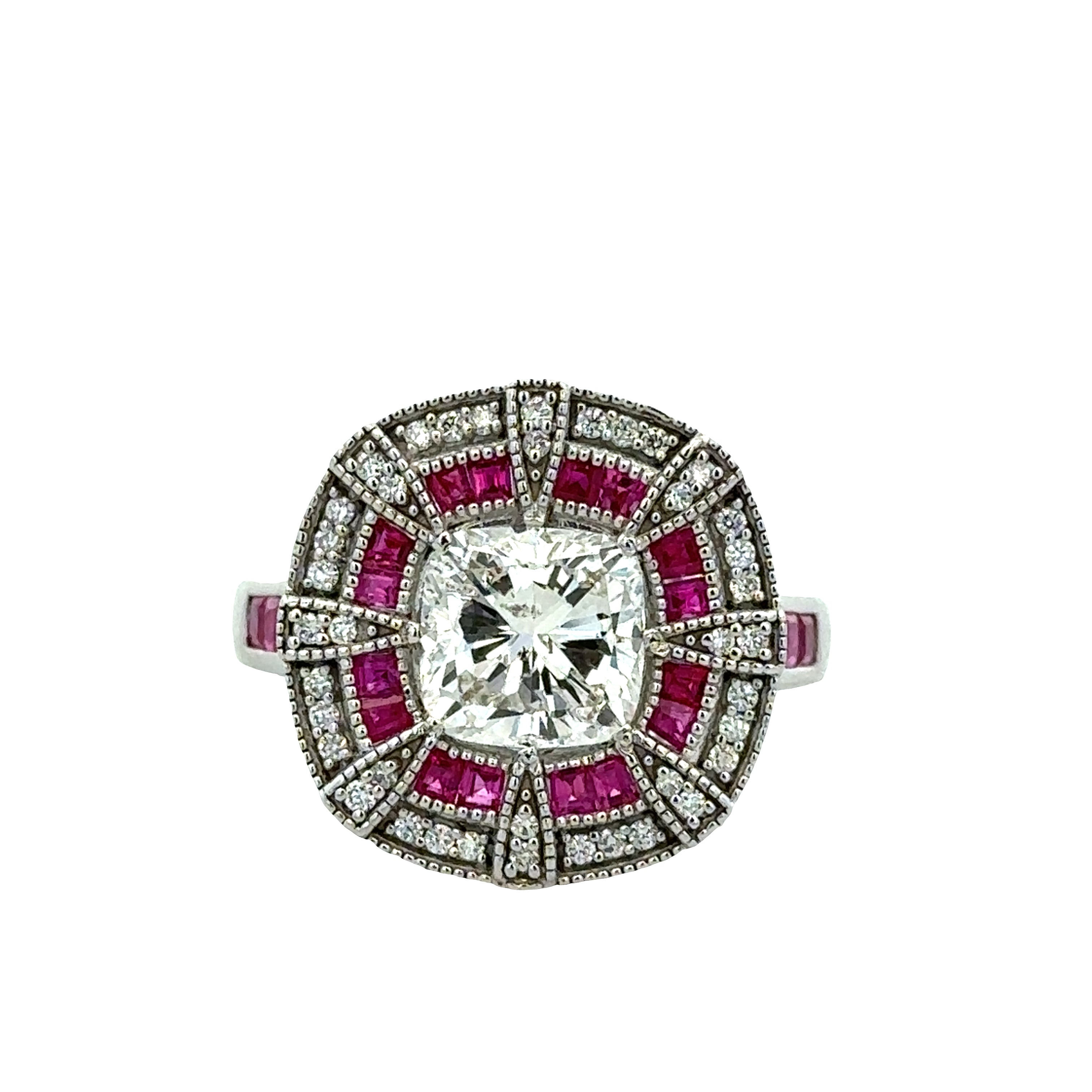 14k White Gold Art Deco–Inspired Diamond & Ruby Statement Ring – Size 7.25