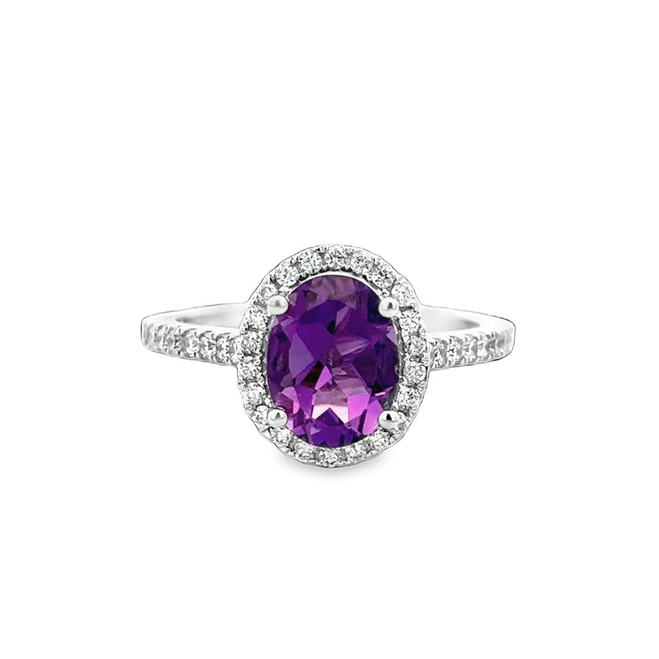 Amethyst and Diamond Halo Ring in White Gold