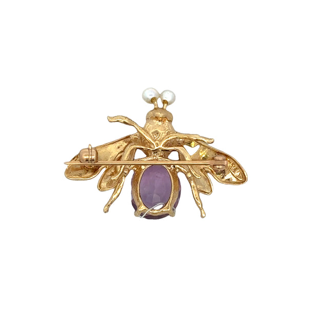Vintage 1960s Amethyst Fly Pin in Yellow Gold