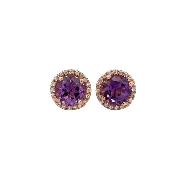 Amethyst and Diamond Stud Earrrings in Rose Gold