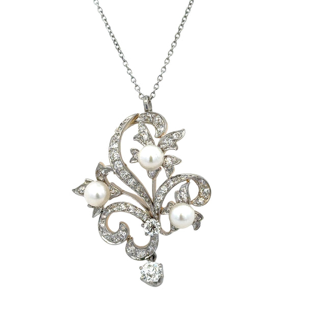 Antique Edwardian Pearl and Old European Cut Diamond Pendant