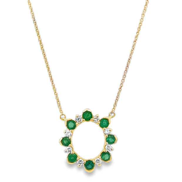 Emerald and Diamond Circle Necklace in Yellow Gold