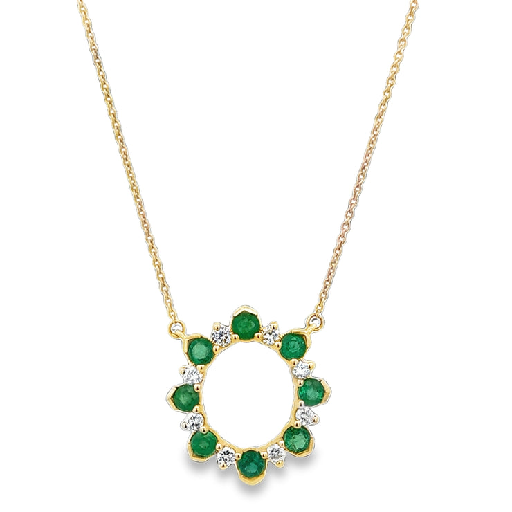 Emerald and Diamond Circle Necklace in Yellow Gold