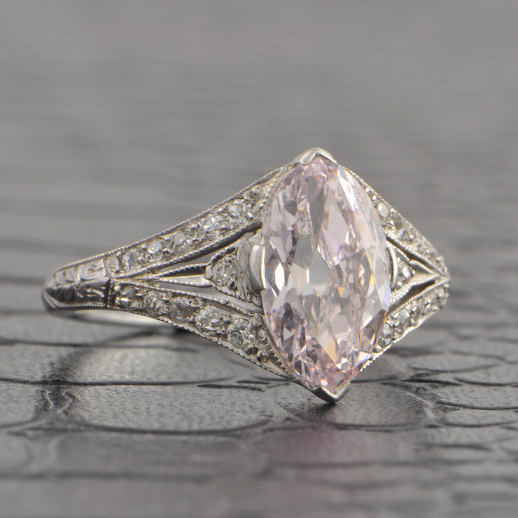 Rare Art Deco Light Purple-Pink Marquise Cut Diamond Ring in Platinum