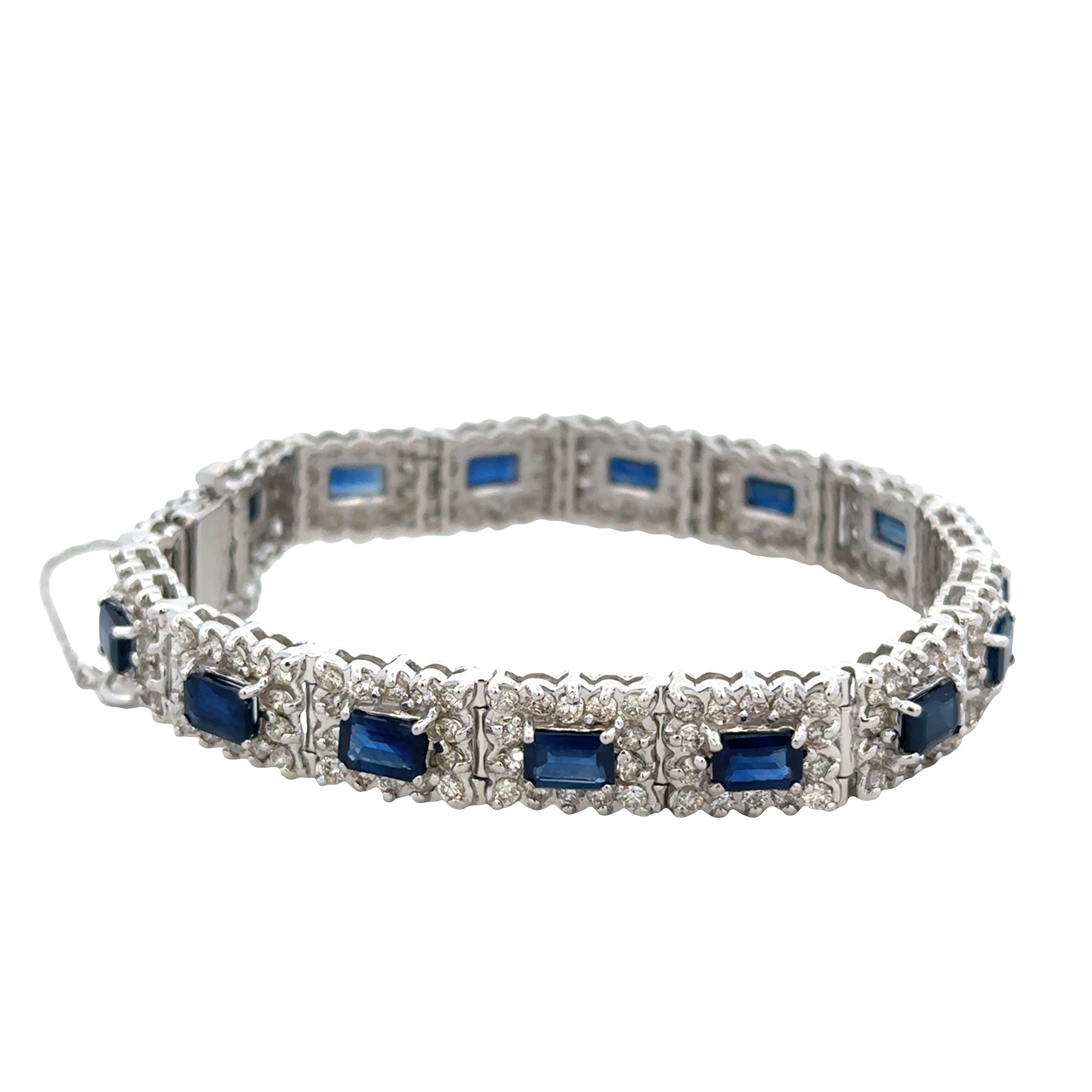 14k White Gold Sapphire & Diamond Halo Bracelet – 7" Long
