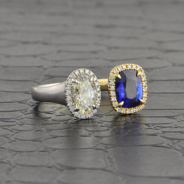 Oval Cut Diamond and Blue Sapphire Ring in Two Tone 14k Gold