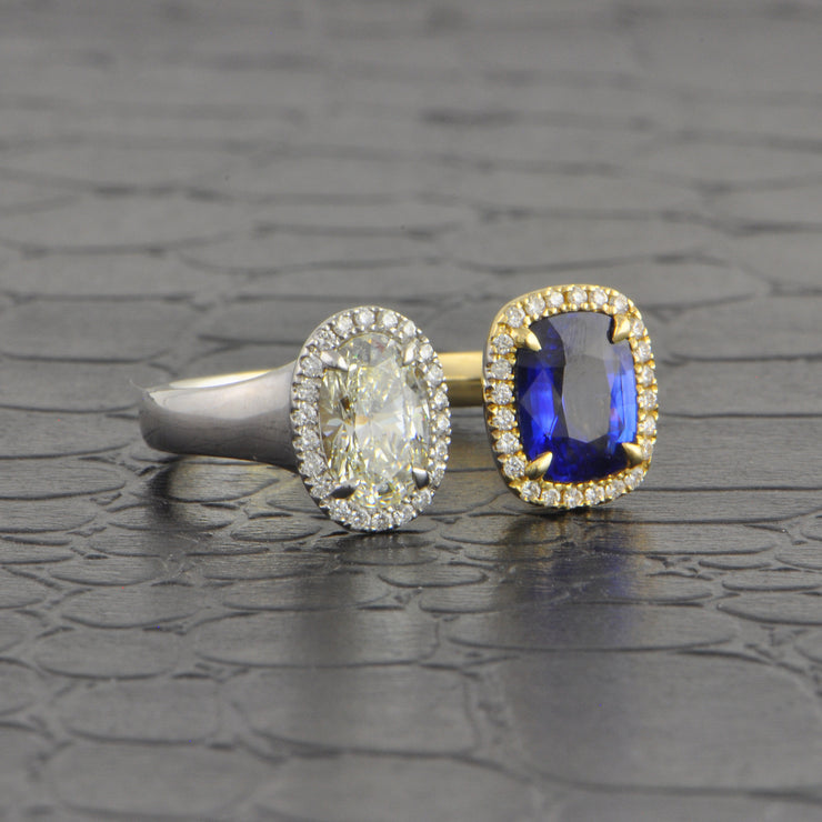 Oval Cut Diamond and Blue Sapphire Ring in Two Tone 14k Gold