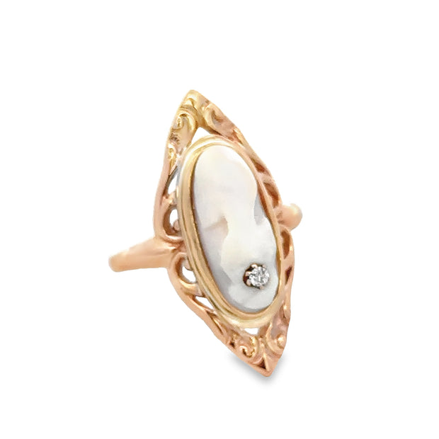Antique Victorian Shell Cameo and Diamond Ring in 10k Gold