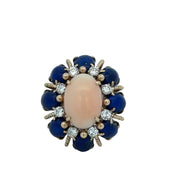 Vintage Retro Statement Coral and Lapis Ring in Yellow Gold