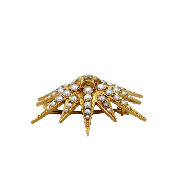 Antique Victorian Seed Pearl and Diamond Starburst Brooch / Pendant in 18k Yellow Gold