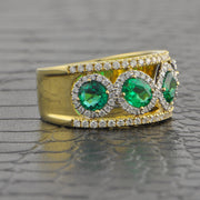 Wide Emerald and Diamond Band in Yellow Gold