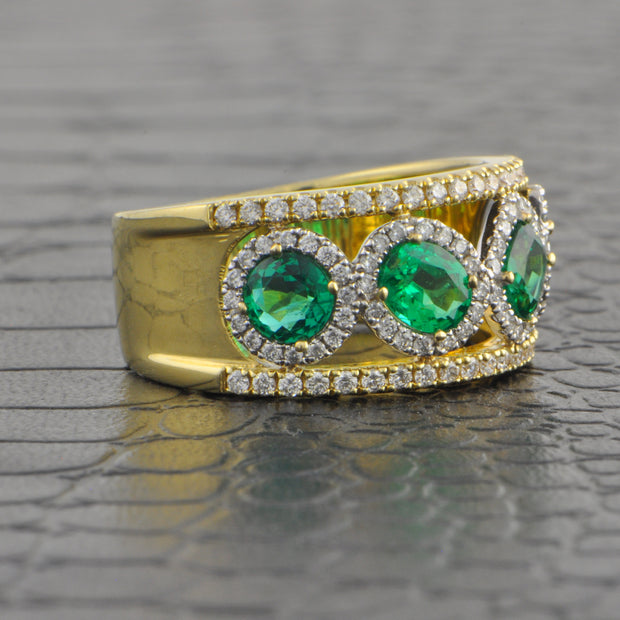 Wide Emerald and Diamond Band in Yellow Gold