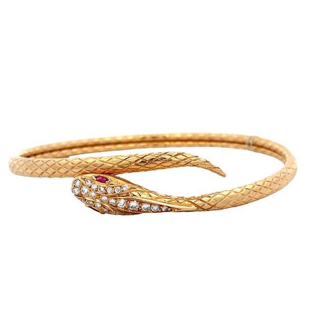 Ruby and Diamond Snake Bangle Bracelet in 18k Yellow Gold