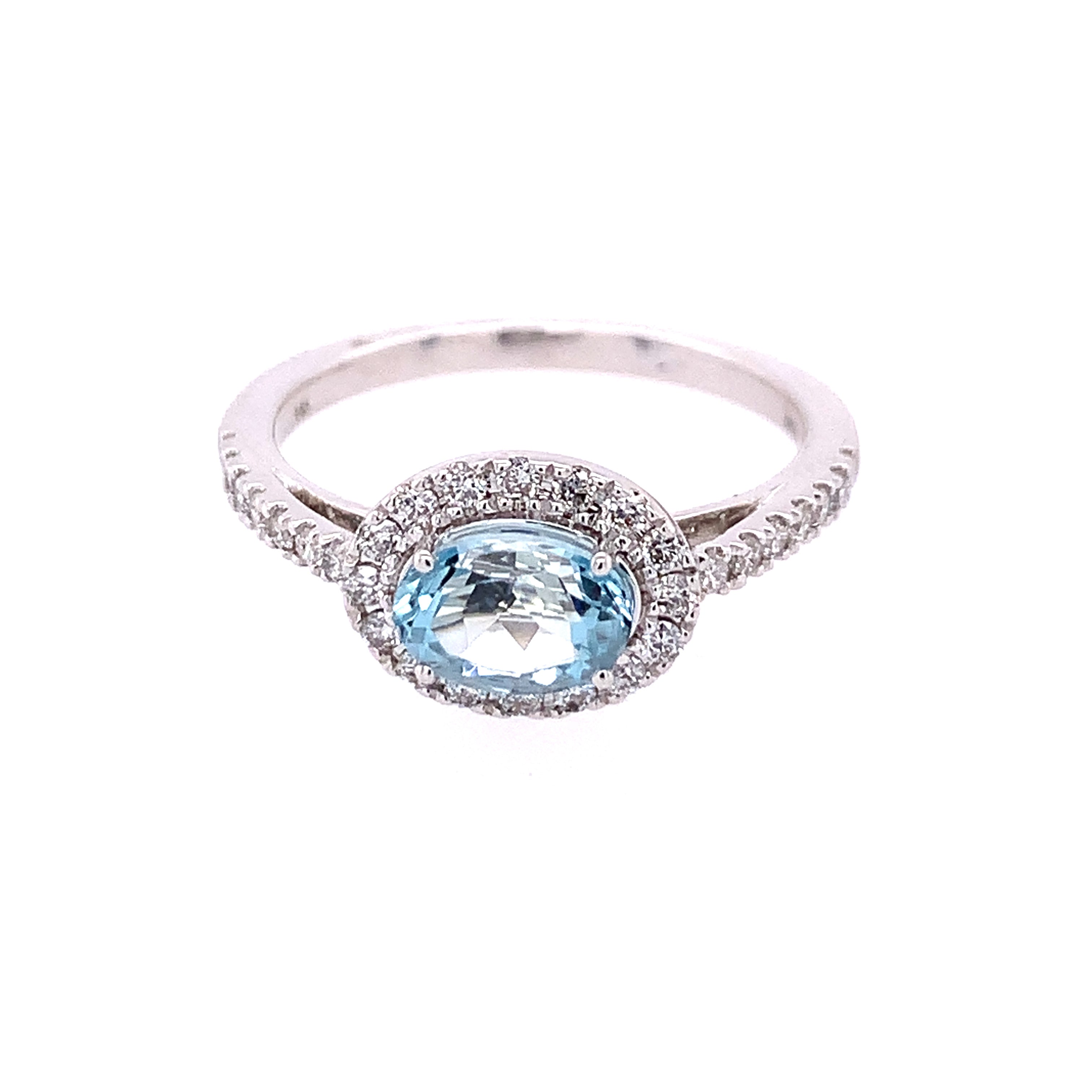 14k White Gold Aquamarine and Diamond Halo Ring – 0.70 ct. Aquamarine, 0.33 ct. Diamonds