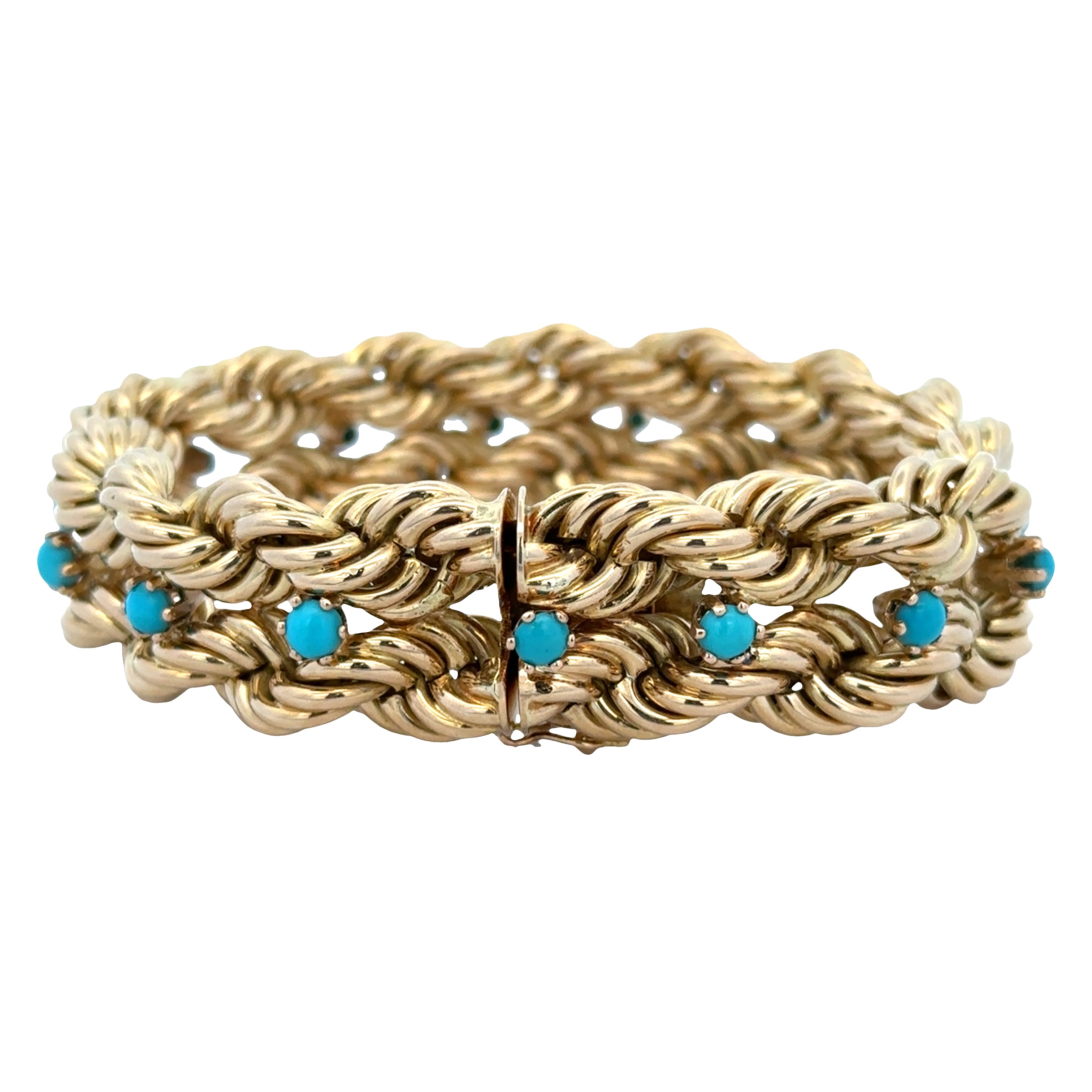 Substantial Vintage 18k Yellow Gold Turquoise Rope Bracelet – 8"