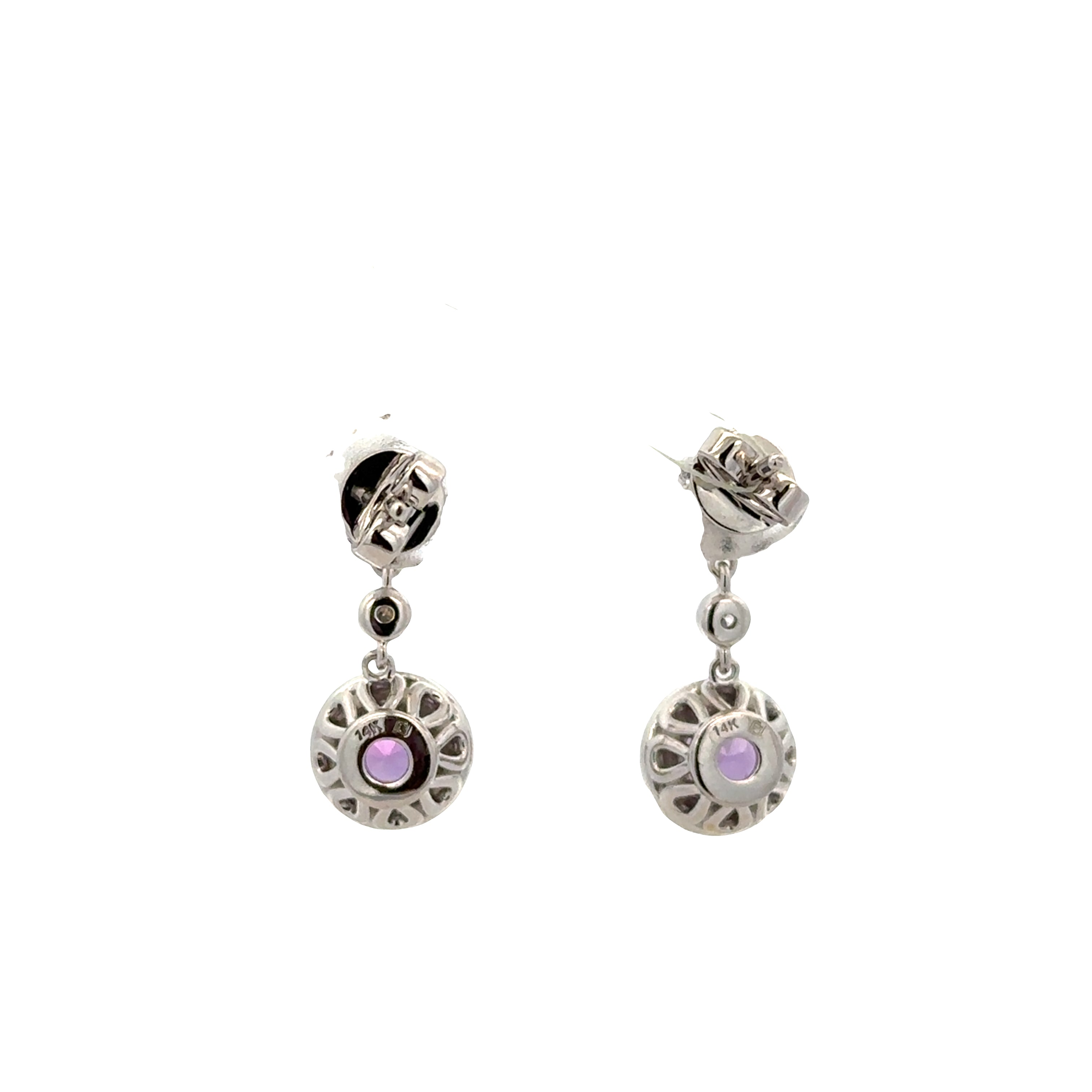 14k White Gold Amethyst & Diamond Dangle Earrings – 3/4" Tall