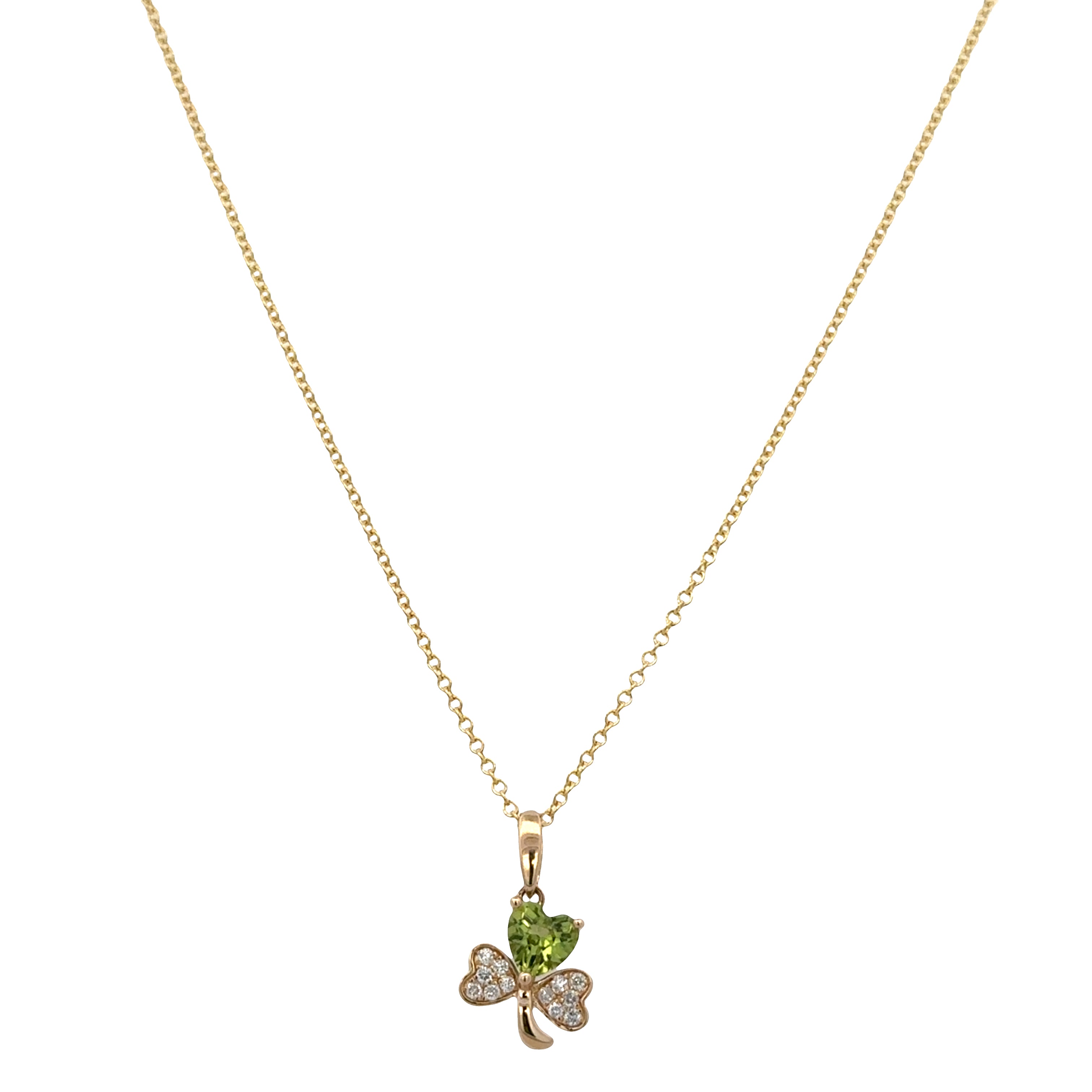 14k Yellow Gold Peridot & Diamond Clover Pendant Necklace – Adjustable 18"