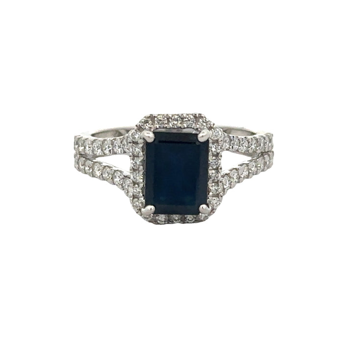 Emerald Cut Blue Sapphire and Diamond Ring in White Gold