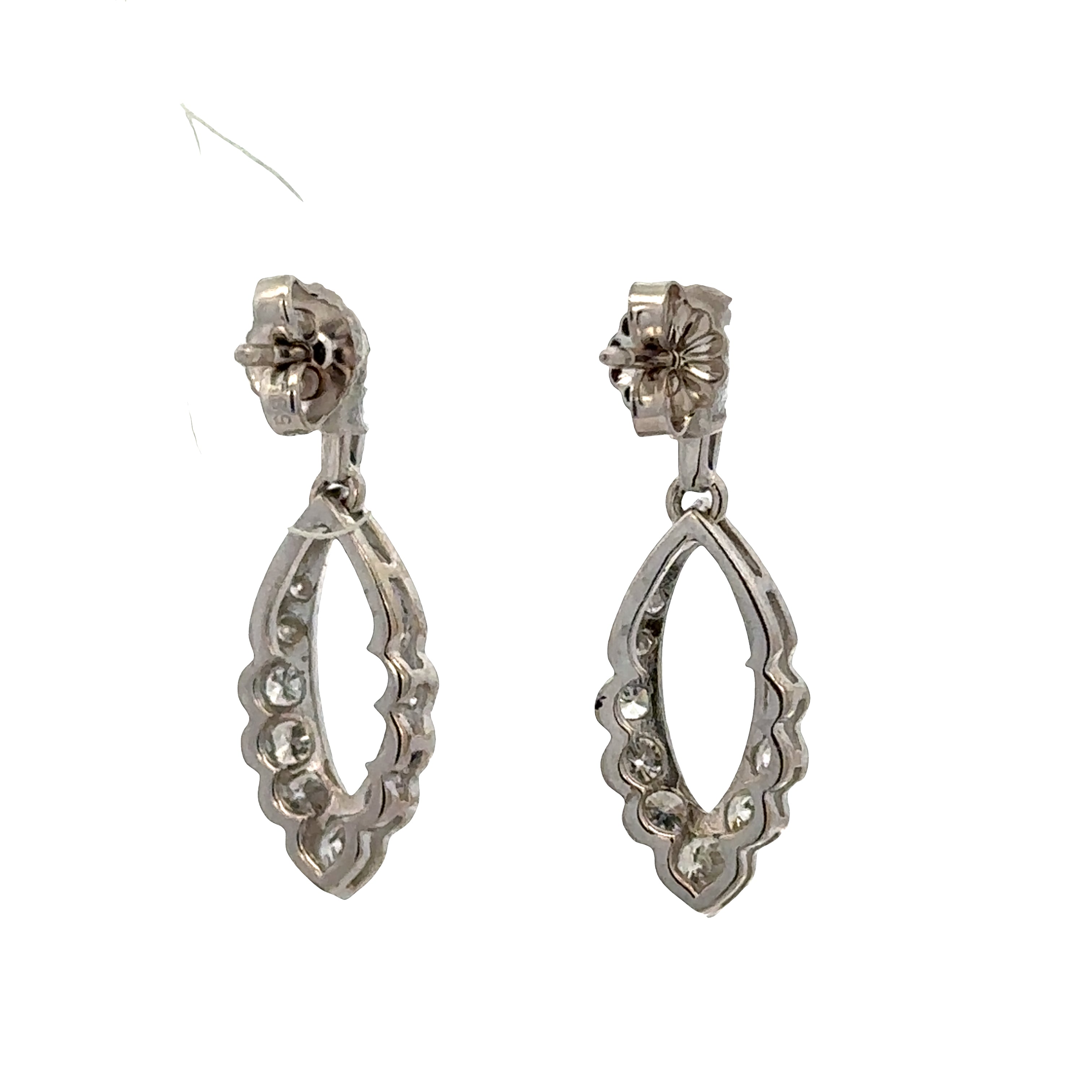 14k White Gold Diamond Dangle Earrings with Scalloped Openwork Design