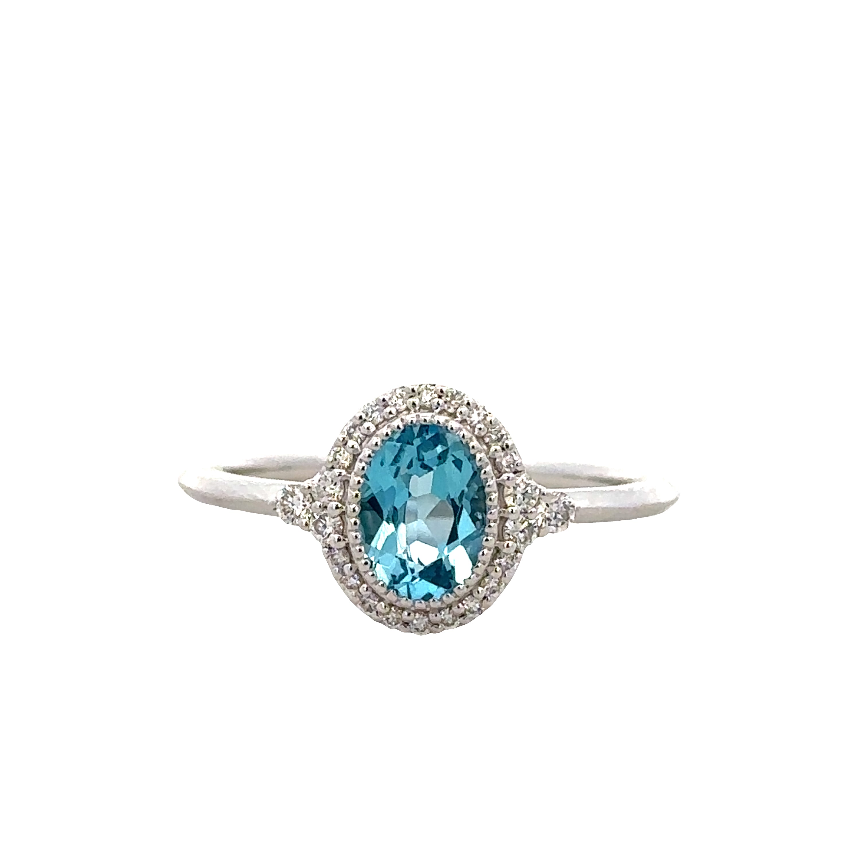 14k White Gold Blue Topaz and Diamond Halo Ring – Size 7.25