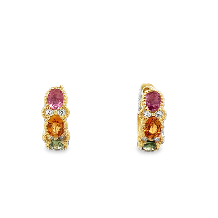 Multicolored Sapphire and Diamond Hoop Earrings in Yellow Gold