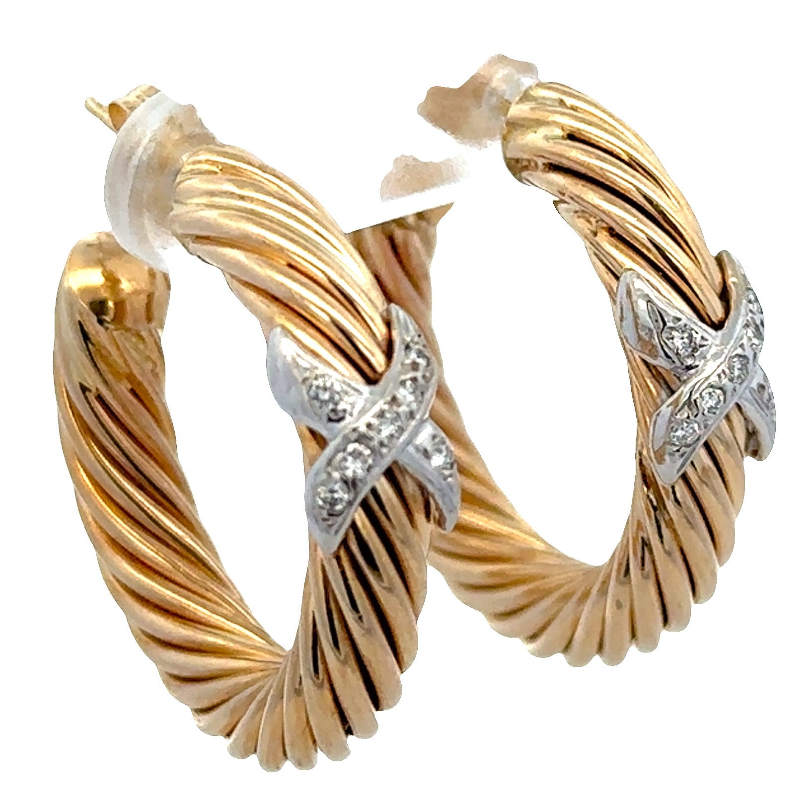 14k Yellow Gold Cable Style Hoop Earrings with Diamond Accented X Motifs