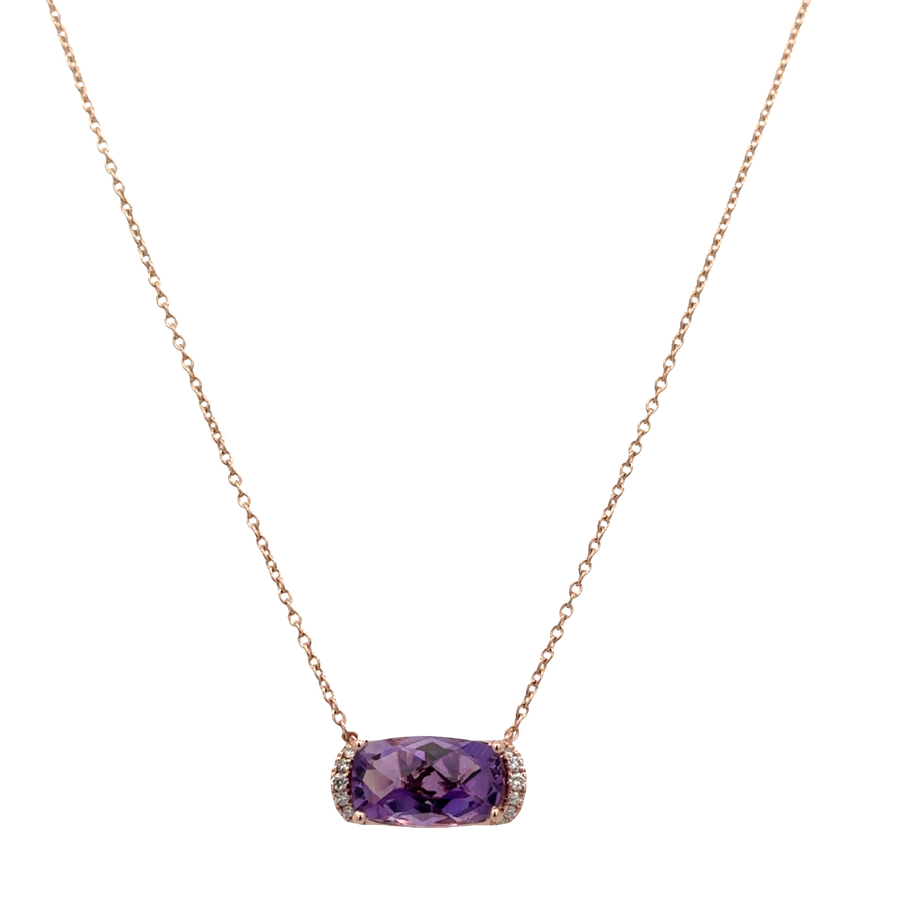 14k Rose Gold East-West Amethyst & Diamond Necklace – Adjustable 16"–18"