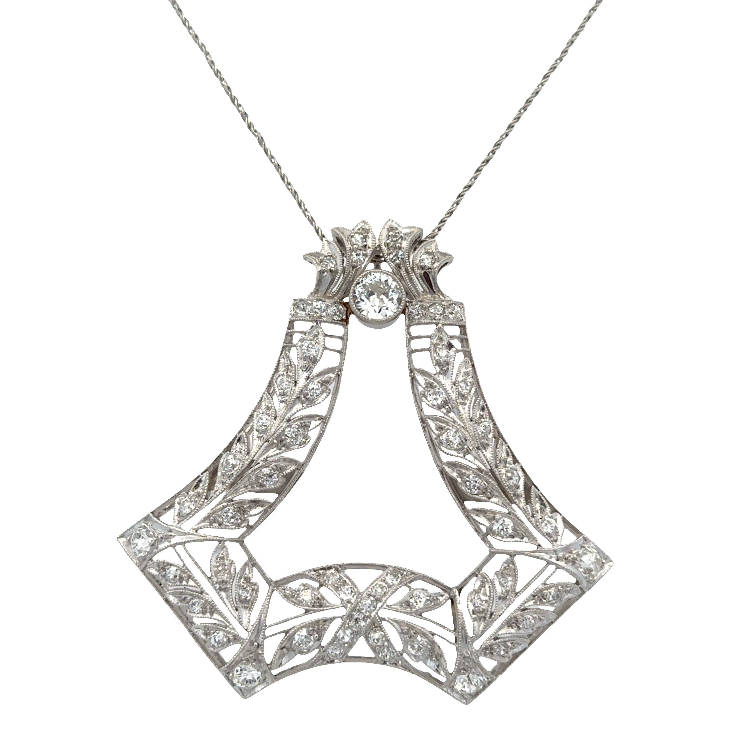 Antique Edwardian Platinum Diamond Pendant – 1.99 Carats, Openwork Filigree Design (Circa 1910s)