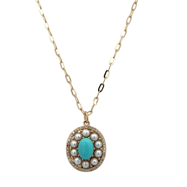 Turquoise and Pearl Pendant in Yellow Gold