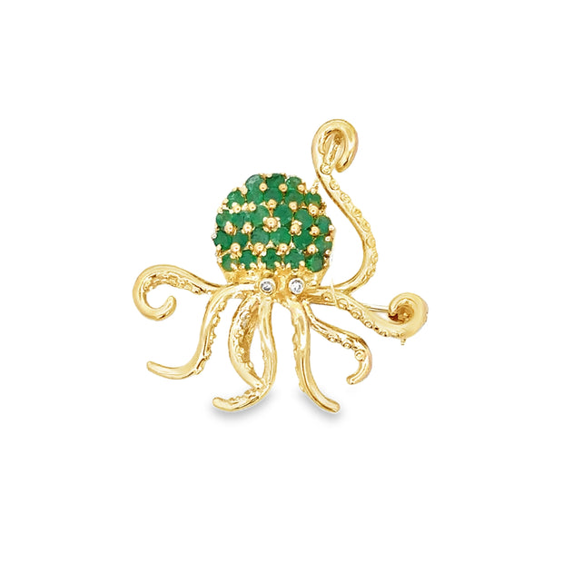 Emerald Accented Octopus Pin / Pendant in Yellow Gold